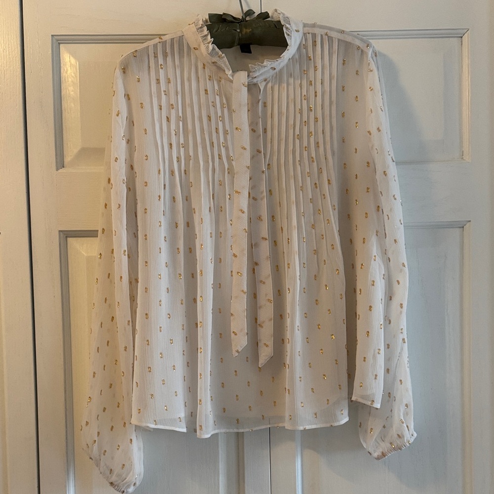 Ann Taylor Size Medium Chic White Chiffon Blouse with Gold Accents and Tie Neck